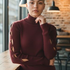 Almost Famous Burgundy Turtleneck Sweater with Cut-Out Sleeves